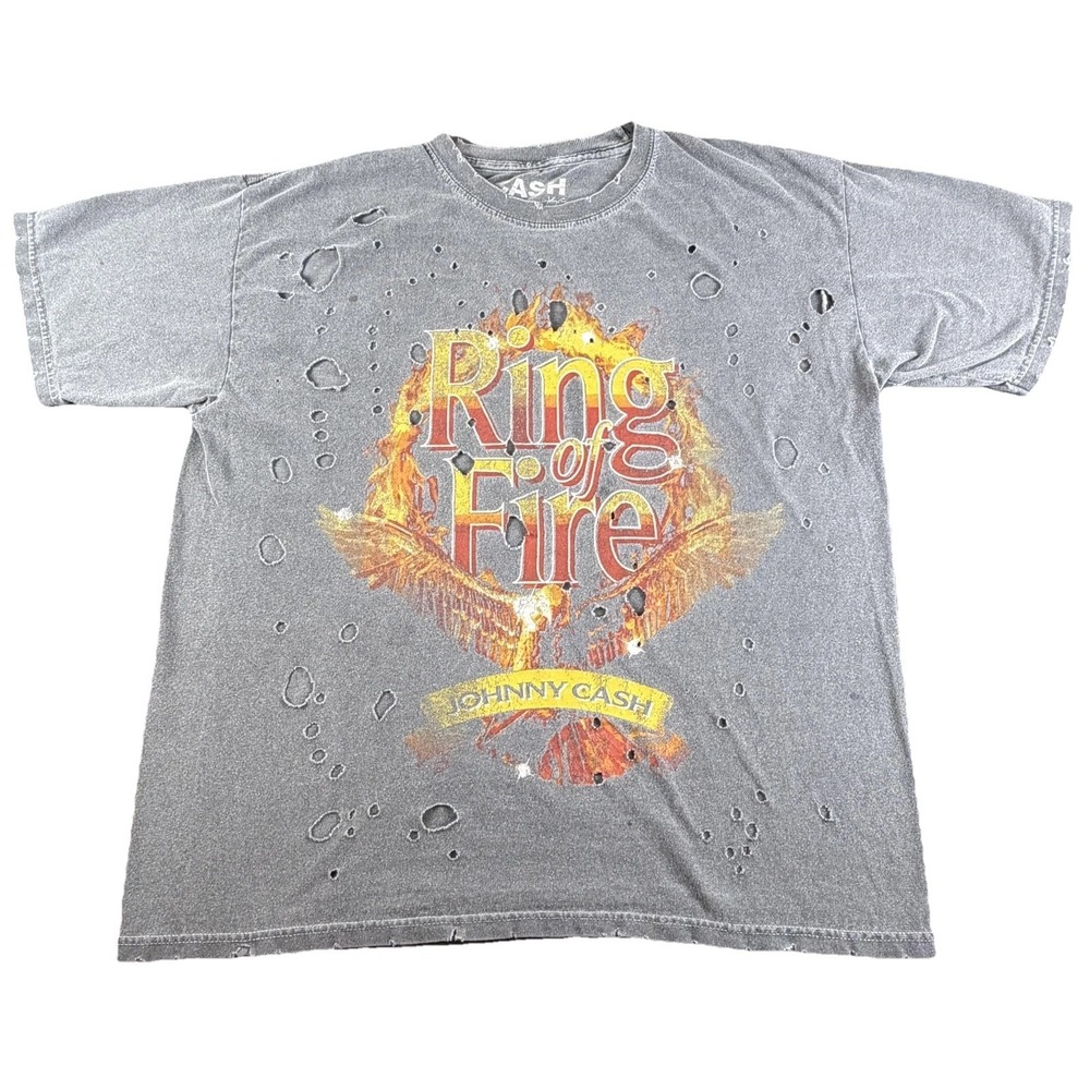 Johnny Cash Ring Of Fire Shirt Mens S/M Gray Distressed Graphic Band Tee
